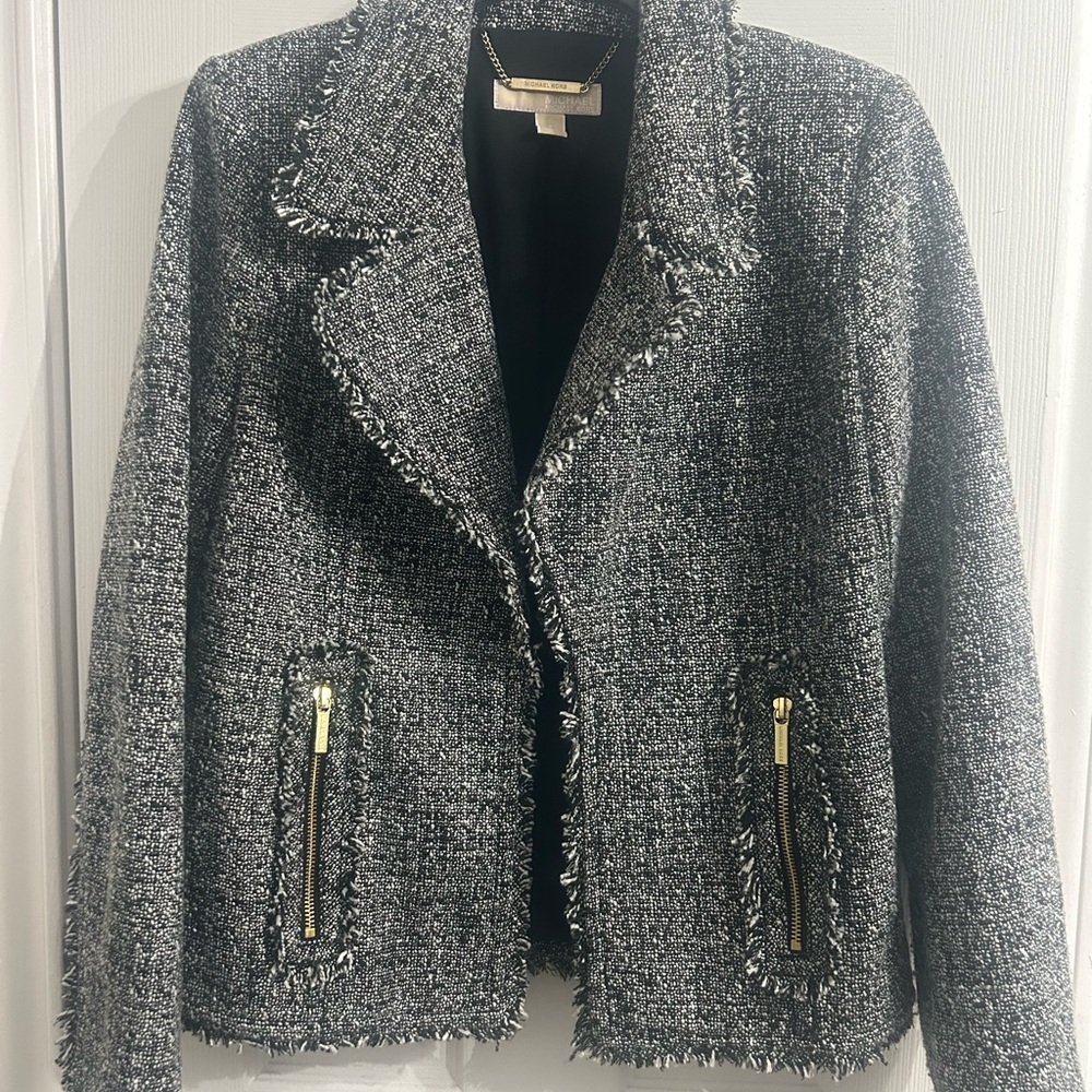 Michael Kors Black and Gray Tweed Blazer with Gold Zippers